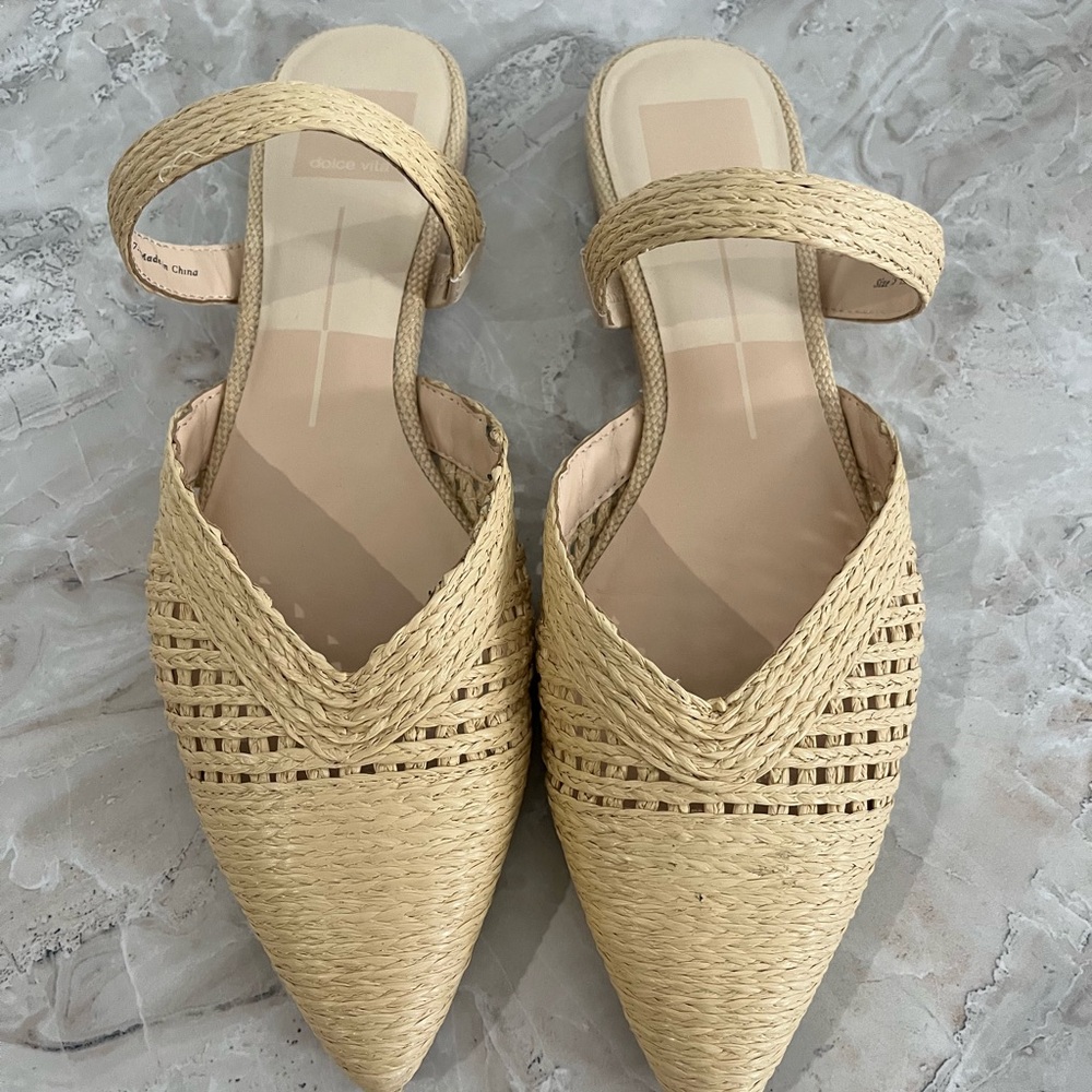Dolce Vita Cream Flats with Geometric Weave and Ankle Strap